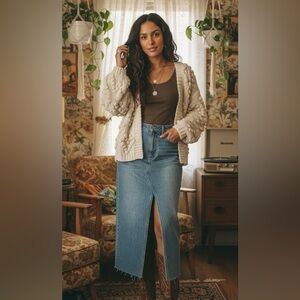 Denim Forum The 90’s Vintage Denim Jean Front Slit Retro Maxi Skirt